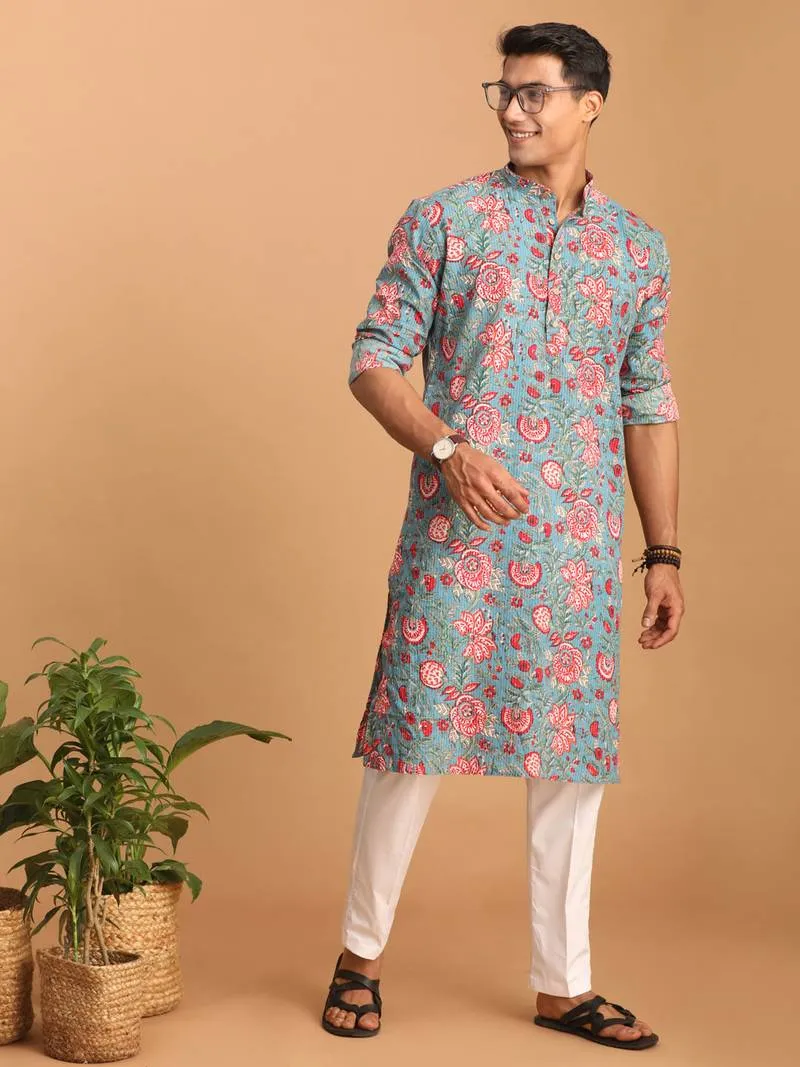 Aqua Floral Print Cotton Kurta And Pyjama Set